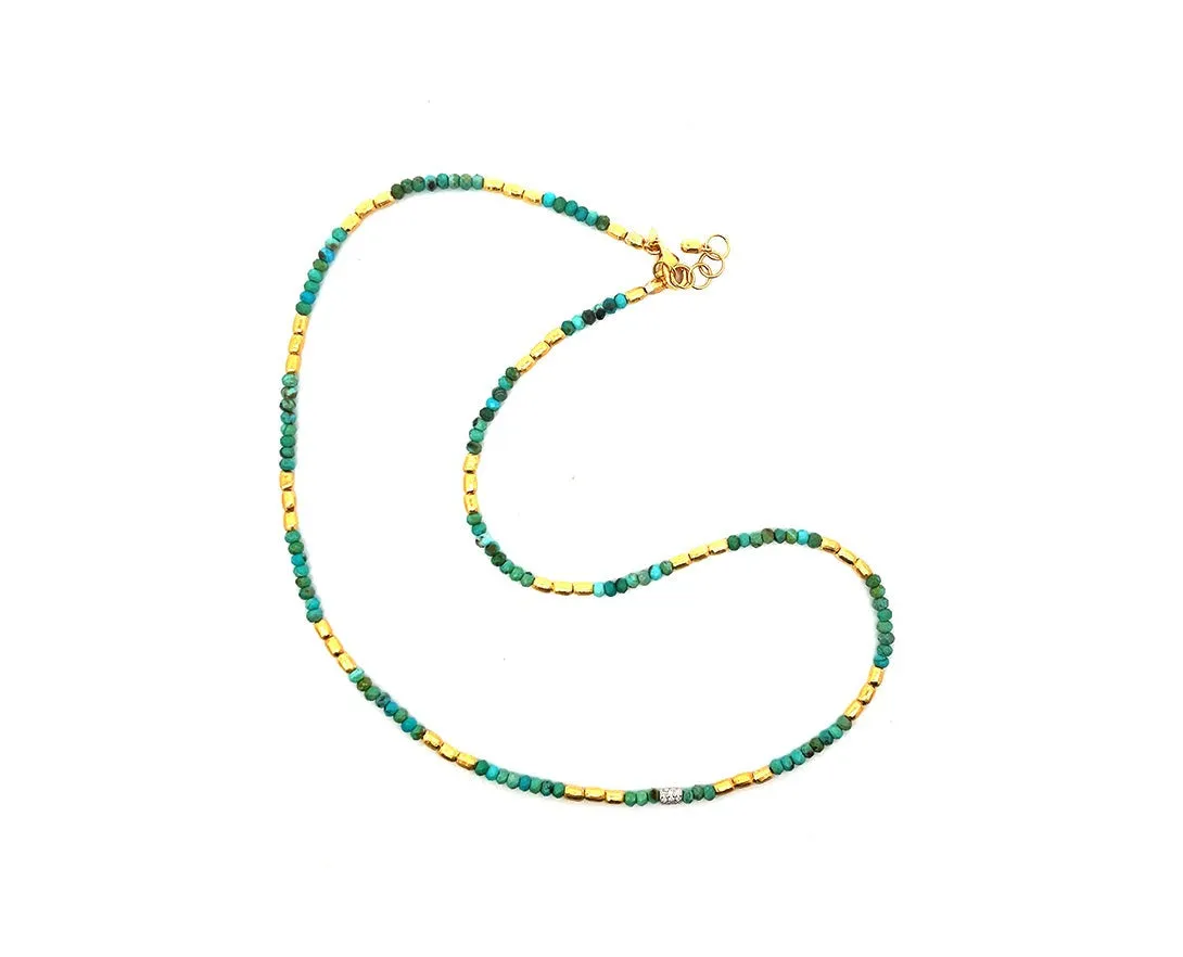 Yellow gold bead necklace with lapis lazuli or turquois and diamonds