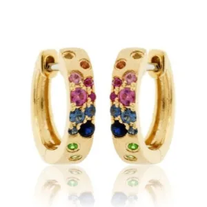 Yellow Gold Satin Finish Flush Set Rainbow Sapphire Earrings
