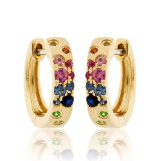 Yellow Gold Satin Finish Flush Set Rainbow Sapphire Earrings
