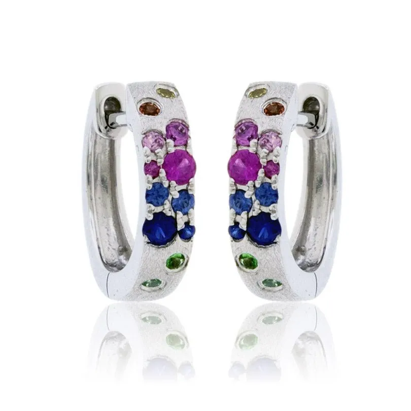 Yellow Gold Satin Finish Flush Set Rainbow Sapphire Earrings