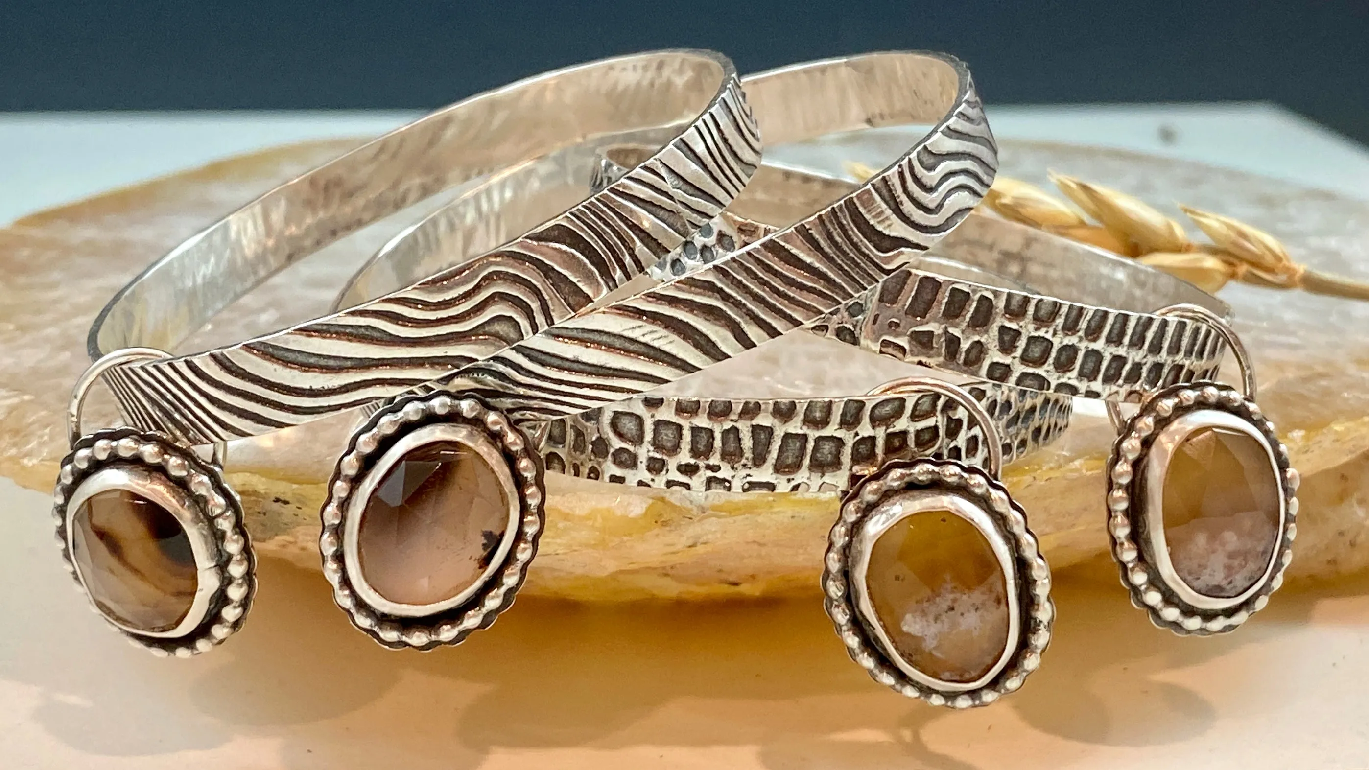 Zebra and Montana Agate Hoops Sterling Silver Earrings