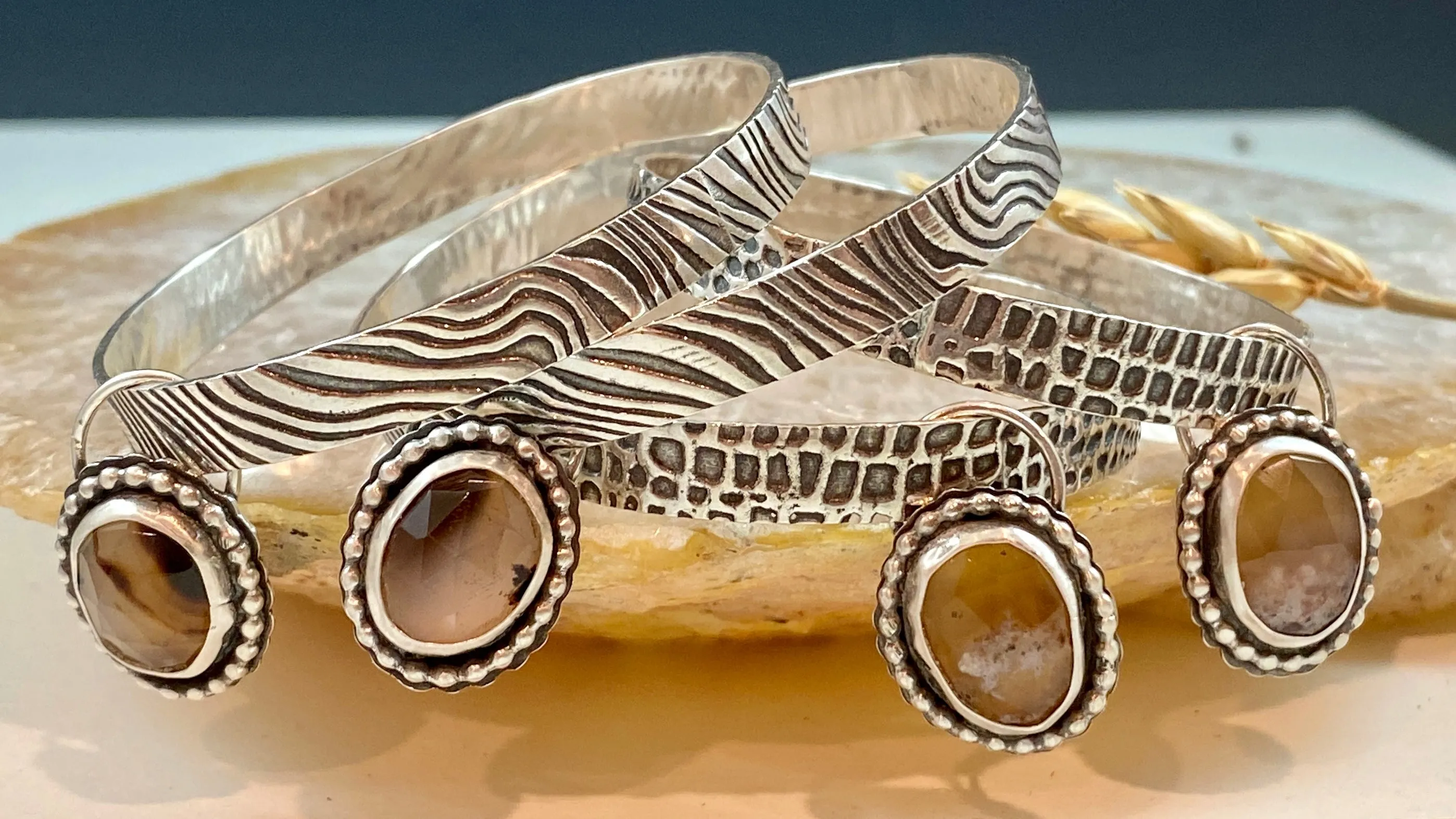 Zebra and Montana Agate Hoops Sterling Silver Earrings